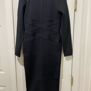 Black Ribbed Sheath Dress with Long Sleeves and Mock Neck for Cocktail